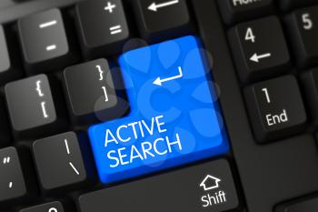 Active Search Concept: Modern Keyboard with Active Search on Blue Enter Key Background, Selected Focus. Modern Laptop Keyboard with the words Active Search on Blue Key. 3D Illustration.