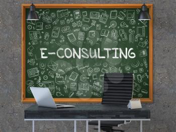 E-Consulting - Handwritten Inscription by Chalk on Green Chalkboard with Doodle Icons Around. Business Concept in the Interior of a Modern Office on the Dark Old Concrete Wall Background. 3D.