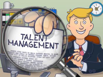 Man in Suit Holding a Text on Paper Talent Management Concept through Magnifier. Closeup View. Colored Doodle Illustration.