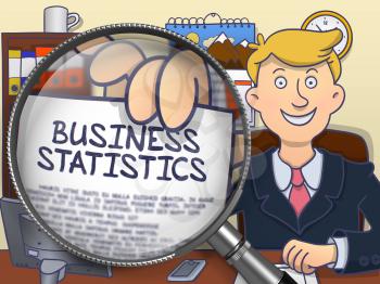 Business Statistics on Paper in Officeman's Hand to Illustrate a Business Concept. Closeup View through Lens. Colored Doodle Style Illustration.