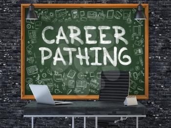 Career Pathing - Handwritten Inscription by Chalk on Green Chalkboard with Doodle Icons Around. Business Concept in the Interior of a Modern Office on the Dark Brick Wall Background. 3D.