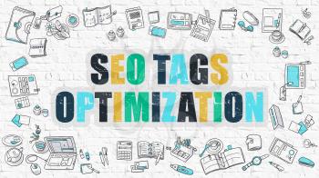 SEO Tags Optimization Concept. SEO Tags Optimization in Multicolor. Doodle Design. Modern Style Illustration. Line Style Illustration. White Brick Wall.