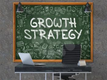 Growth Strategy Concept Handwritten on Green Chalkboard with Doodle Icons. Office Interior with Modern Workplace. Dark Old Concrete Wall Background. 3D.