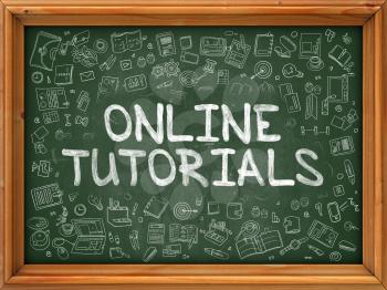 Online Tutorials - Hand Drawn on Green Chalkboard with Doodle Icons Around. Modern Illustration with Doodle Design Style.