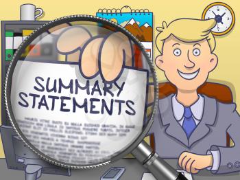 Businessman in Office Workplace Holds Out a Paper with Text Summary Statements. Closeup View through Magnifier. Colored Modern Line Illustration in Doodle Style.
