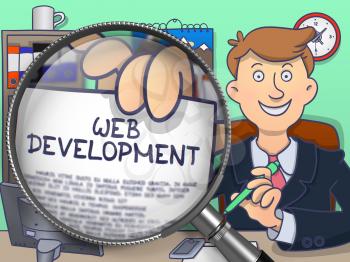 Officeman in Office Holding a Paper with Text Web Development. Closeup View through Magnifier. Multicolor Modern Line Illustration in Doodle Style.