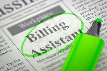 Newspaper with Jobs Billing Assistant. Billing Assistant. Newspaper with the Jobs Section Vacancy, Circled with a Green Highlighter. Blurred Image. Selective focus. Concept of Recruitment. 3D.