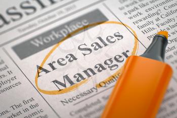 Area Sales Manager - Small Ads of Job Search in Newspaper, Circled with a Orange Highlighter. Blurred Image with Selective focus. Concept of Recruitment. 3D Rendering.