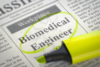 Biomedical Engineer - Vacancy in Newspaper, Circled with a Yellow Marker. Blurred Image. Selective focus. Job Search Concept. 3D.