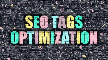 SEO Tags Optimization Concept. Modern Illustration. Multicolor SEO Tags Optimization Drawn on Dark Brick Wall. Doodle Icons. Doodle Style of SEO Tags Optimization Concept.