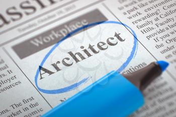 Architect - Job Vacancy in Newspaper, Circled with a Blue Marker. Blurred Image. Selective focus. Hiring Concept. 3D.