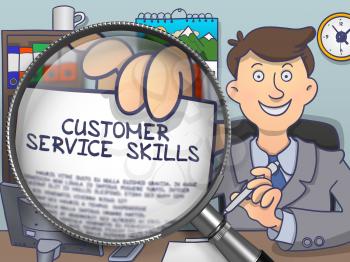 Business Man Sitting in Office and Shows Concept on Paper Customer Service Skills. Closeup View through Magnifying Glass. Multicolor Modern Line Illustration in Doodle Style.