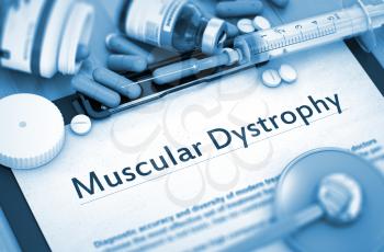 Muscular Dystrophy - Medical Report with Composition of Medicaments - Pills, Injections and Syringe. 3D.