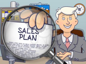 Sales Plan. Businessman Shows Paper with Concept through Magnifying Glass. Multicolor Doodle Style Illustration.