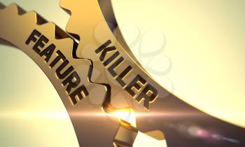 Golden Cogwheels with Killer Feature Concept. Killer Feature on the Mechanism of Golden Gears with Glow Effect. Killer Feature on the Golden Metallic Gears. 3D.