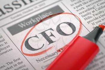 CFO - Jobs Section Vacancy in Newspaper, Circled with a Red Marker. Blurred Image. Selective focus. Job Seeking Concept. 3D.