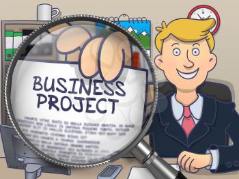 Business Project. Businessman Showing a Paper with Concept through Magnifying Glass. Multicolor Doodle Illustration.
