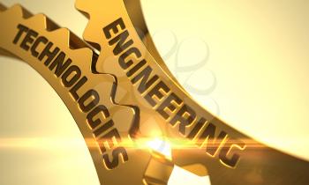 Engineering Technologies on Golden Cogwheels. Engineering Technologies on Mechanism of Golden Metallic Cogwheels with Glow Effect. Golden Cog Gears with Engineering Technologies Concept. 3D Render.