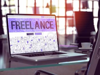 Freelance - Closeup Landing Page in Doodle Design Style on Laptop Screen. On Background of Comfortable Working Place in Modern Office. Toned, Blurred Image. 3D Render. 