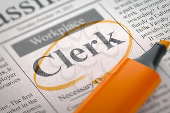 A Newspaper Column in the Classifieds with the Jobs of Clerk, Circled with a Orange Marker. Blurred Image. Selective focus. Hiring Concept. 3D Illustration.