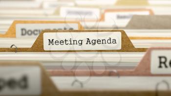 Meeting Agenda Concept. Colored Document Folders Sorted for Catalog. Closeup View. Selective Focus. 3D Render.