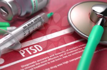 PTSD - Medical Concept with Blurred Text, Stethoscope, Pills and Syringe on Red Background. Selective Focus. 3D Render.