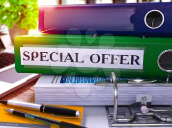 Green Office Folder with Inscription Special Offer on Office Desktop with Office Supplies and Modern Laptop. Special Offer Business Concept on Blurred Background. Special Offer - Toned Image. 3D.