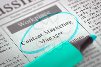 Content Marketing Manager - Advertisements and Classifieds Ads for Vacancy in Newspaper, Circled with a Azure Highlighter. Blurred Image. Selective focus. Concept of Recruitment. 3D Render.