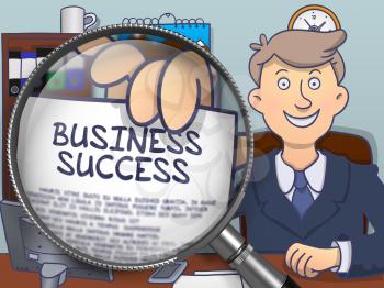 Business Success on Paper in Officeman's Hand through Lens to Illustrate a Business Concept. Colored Doodle Style Illustration.