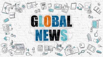 Global News. Multicolor Inscription on White Brick Wall with Doodle Icons Around. Global News Concept. Modern Style Illustration with Doodle Design Icons. Global News on White Brickwall Background.