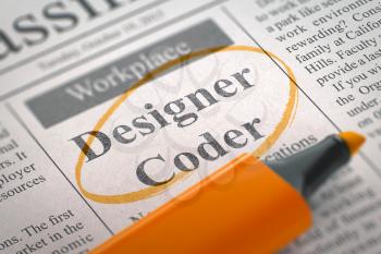 Designer Coder. Newspaper with the Vacancy, Circled with a Orange Highlighter. Newspaper with Jobs Designer Coder. Blurred Image with Selective focus. Job Search Concept. 3D Rendering.