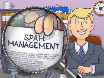 Spam Management. Handsome Businessman in Office Workplace Holding Paper with Text through Magnifying Glass. Multicolor Doodle Illustration.