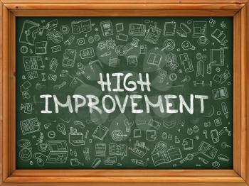 High Improvement - Hand Drawn on Chalkboard. High Improvement with Doodle Icons Around.