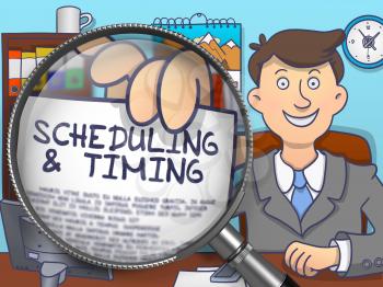 Scheduling and Timing on Paper in Business Man's Hand through Lens to Illustrate a Time Management Concept. Multicolor Doodle Style Illustration.