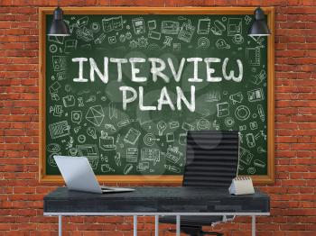 Hand Drawn Interview Plan on Green Chalkboard. Modern Office Interior. Red Brick Wall Background. Business Concept with Doodle Style Elements. 3D.