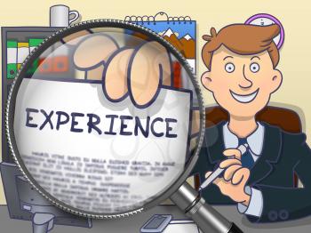 Experience on Paper in Officeman's Hand through Lens to Illustrate a Business Concept. Colored Doodle Style Illustration.