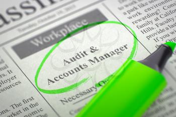 Audit & Accounts Manager - Vacancy in Newspaper, Circled with a Green Highlighter. Blurred Image. Selective focus. Concept of Recruitment. 3D Render.