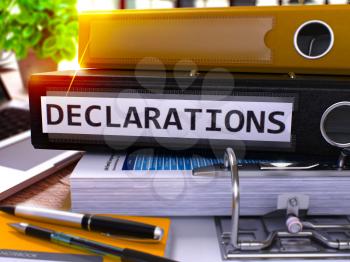 Declarations - Black Ring Binder on Office Desktop with Office Supplies and Modern Laptop. Declarations Business Concept on Blurred Background. Declarations - Toned Illustration. 3D Render.