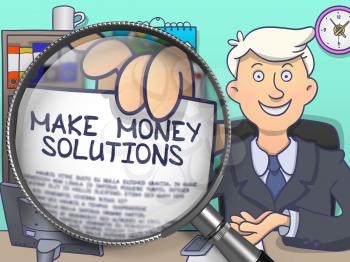 Make Money Solutions on Paper in Man's Hand to Illustrate a Business Concept. Closeup View through Magnifying Glass. Colored Doodle Style Illustration.
