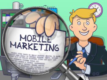 Man Holding a Text on Paper Mobile Marketing. Closeup View through Magnifying Glass. Colored Doodle Style Illustration.