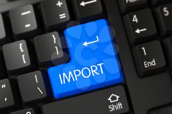 Concepts of Import, with a Import on Blue Enter Key on Black Keyboard. Modern Laptop Keyboard Button Labeled Import. Import on Modern Laptop Keyboard Background. 3D.