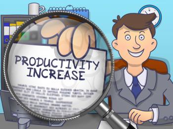 Productivity Increase through Lens. Officeman Holds Out a Paper with Inscription. Closeup View. Colored Modern Line Illustration in Doodle Style.