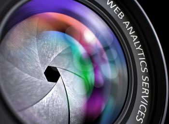 Web Analytics Services - Concept on Front of Lens with Colored Lens Reflection, Closeup. Photo Lens with Bright Colored Flares. Web Analytics Services Concept. 3D Render.
