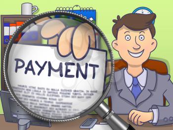 Business Man in Suit Looking at Camera and Holds Out a Paper with Payment Concept through Magnifying Glass. Closeup View. Multicolor Doodle Illustration.