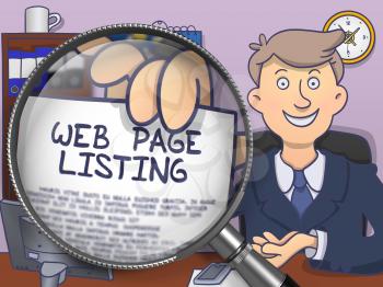 Web Page Listing through Magnifying Glass. Business Man Holding a Paper with Concept. Closeup View. Colored Doodle Illustration.