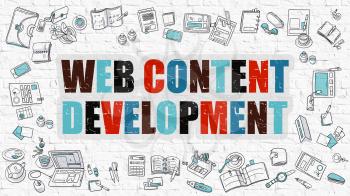Web Content Development - Multicolor Concept with Doodle Icons Around on White Brick Wall Background. Modern Illustration with Elements of Doodle Design Style.