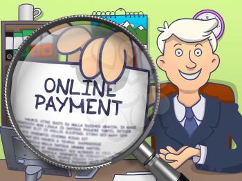 Man in Suit Holding a Paper with Online Payment Concept through Magnifier. Closeup View. Colored Doodle Style Illustration.
