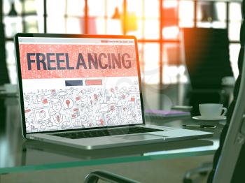 Freelancing Concept. Closeup Landing Page on Laptop Screen in Doodle Design Style. On Background of Comfortable Working Place in Modern Office. Blurred, Toned Image. 3D Render.