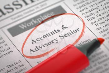 Accounts & Advisory Senior - Vacancy in Newspaper, Circled with a Red Highlighter. Blurred Image with Selective focus. Job Seeking Concept. 3D.