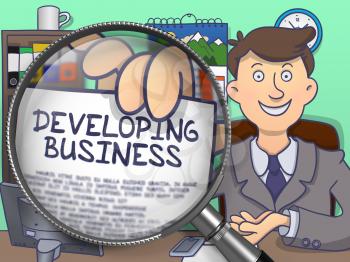Business Man in Suit Showing Paper with Developing Business Concept through Magnifier. Closeup View. Multicolor Doodle Illustration.